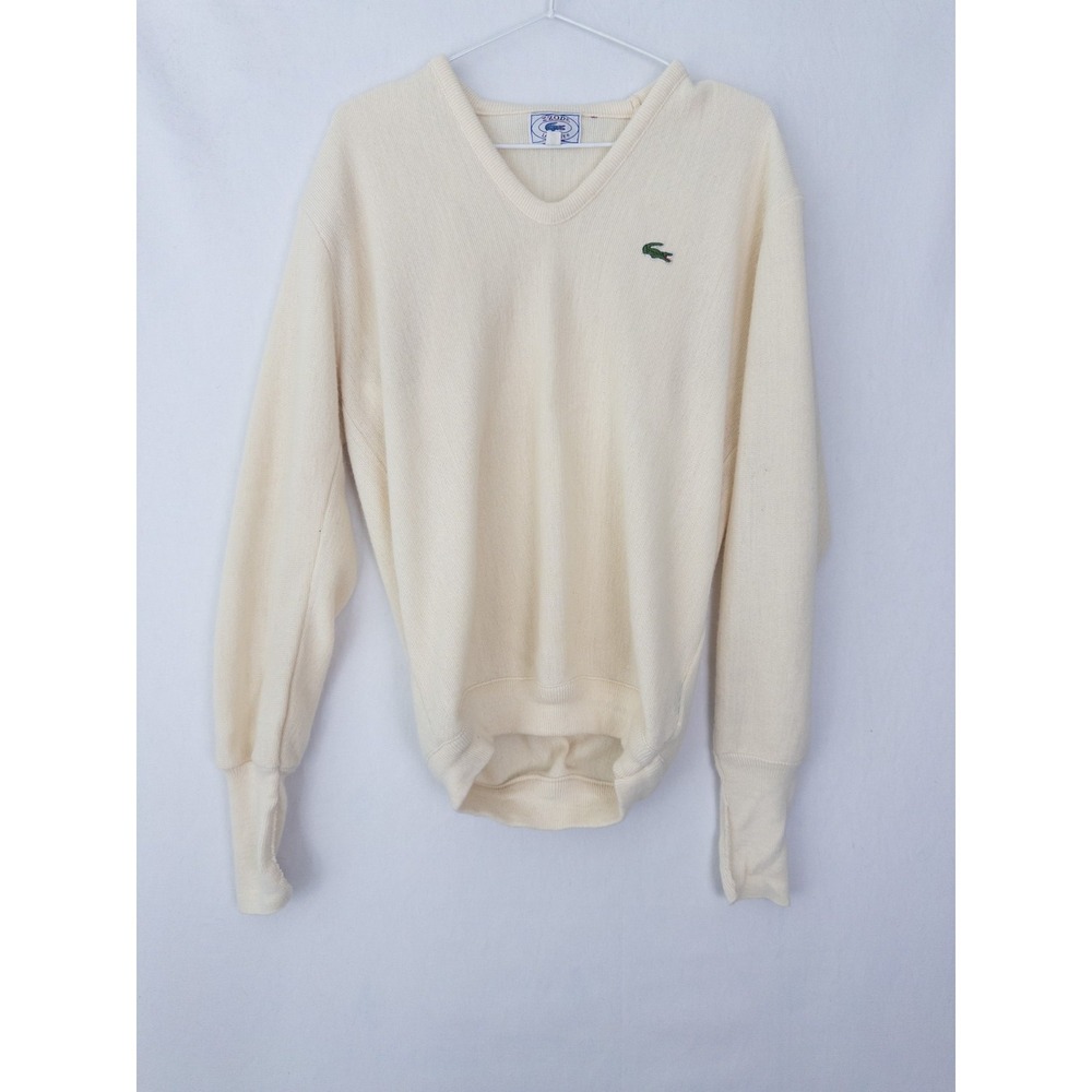 VTG Izod Lacoste Sweater Mens L (M) Ivory Pullover Wool‎ V Neck Casual Knit
